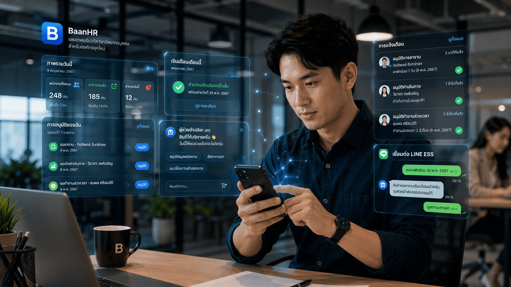 ภาพ BaanHR ระบบ HR สำหรับบริษัทไทยพร้อมแดชบอร์ด AI และ LINE ESS